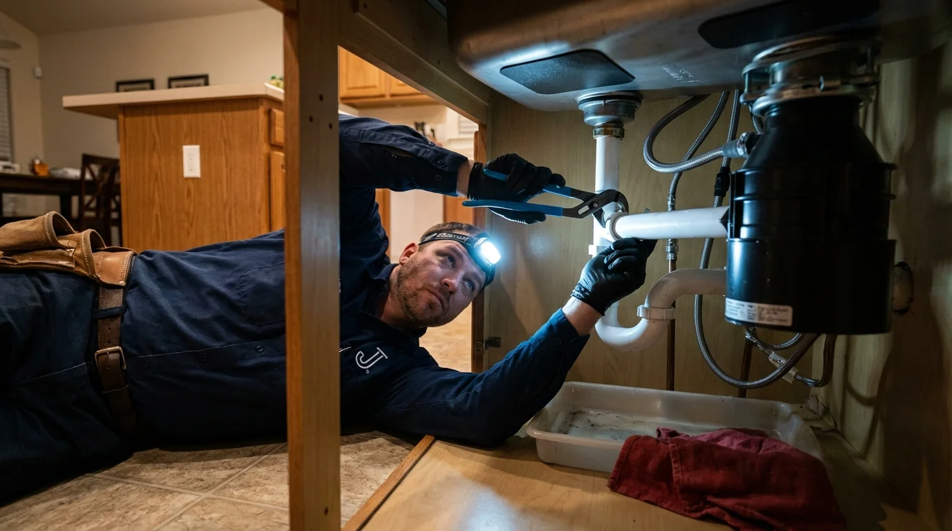 P-trap and supply line connections under a kitchen sink showing a common leak point in Eustis, FL